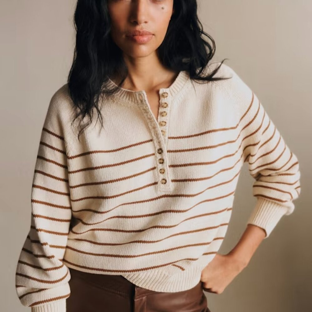 Sezane Léontine Jumper - Organic cotton sweater - Small - Ecru/Camel